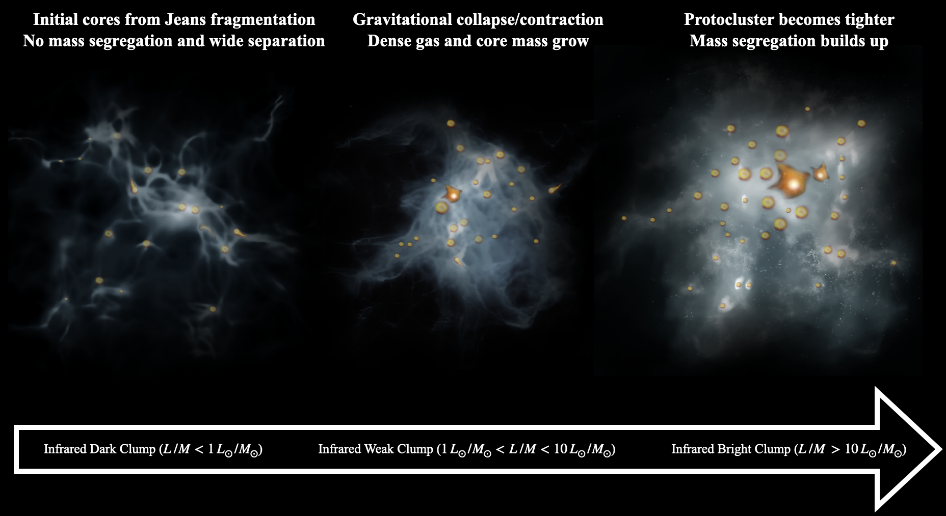 Three-stage scenario for the evolution and mass assembly of massive protoclusters