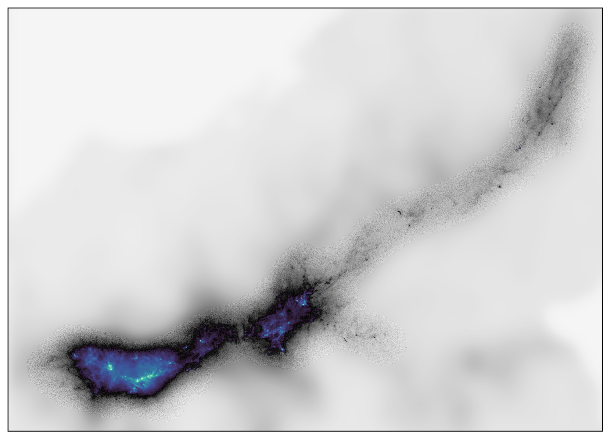 Combined multiscale continuum image of the G316.8 filament, showing extended cloud structure and compact dense cores