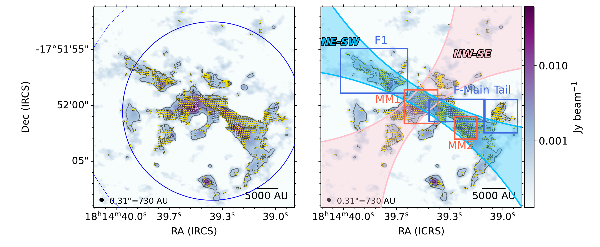 ALMA 1.2 millimeter map of W33 A with yellow segments tracing magnetic-field directions across filaments and dense cores